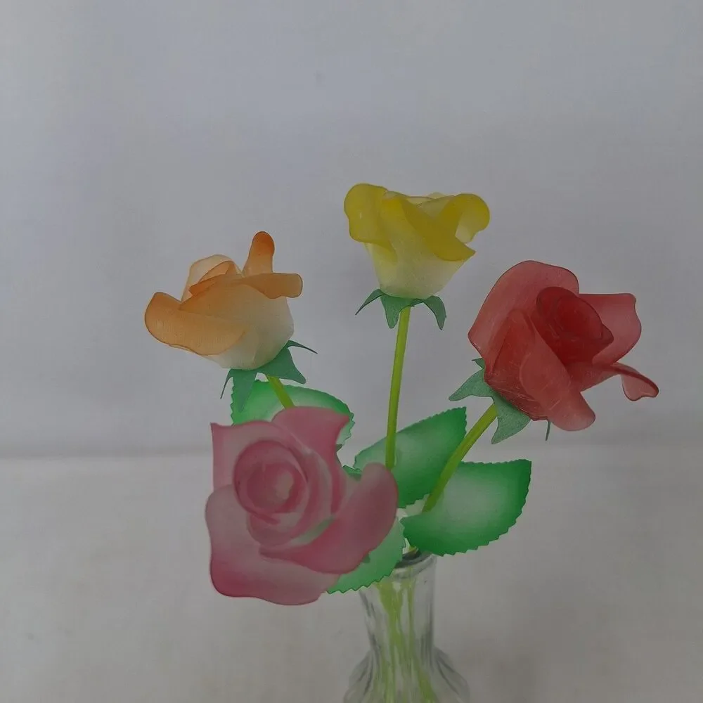 Artificial Floral Arrangement Glass Bud Single Stem Vase Colorful Plastic Roses